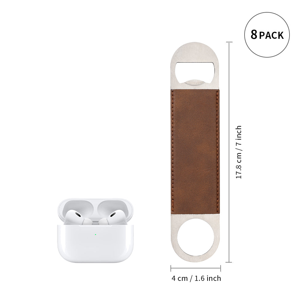 Craft Blanks Stainless Steel Bottle Opener with Leather Cover for Custom Laser Engraving, 1.6 x 7 inches Rec, 5 color options, 8 Pack