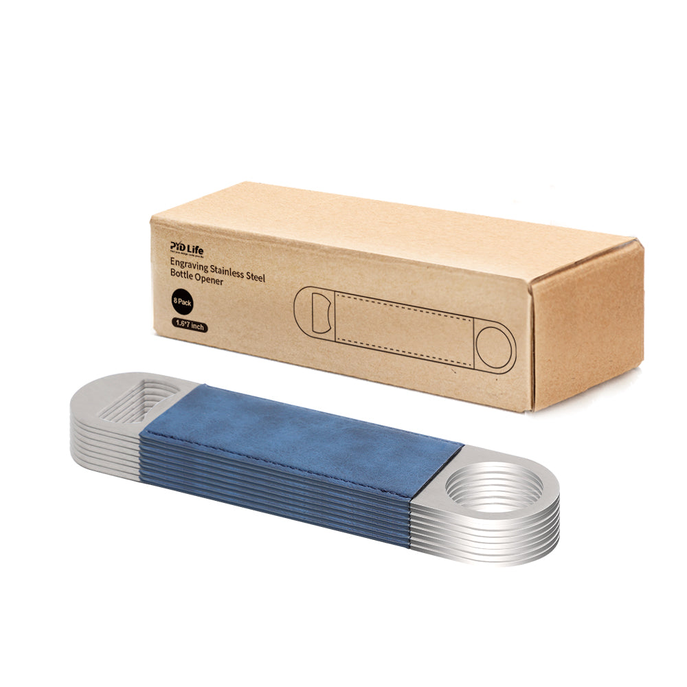 Craft Blanks Stainless Steel Bottle Opener with Leather Cover for Custom Laser Engraving, 1.6 x 7 inches Rec, 5 color options, 8 Pack