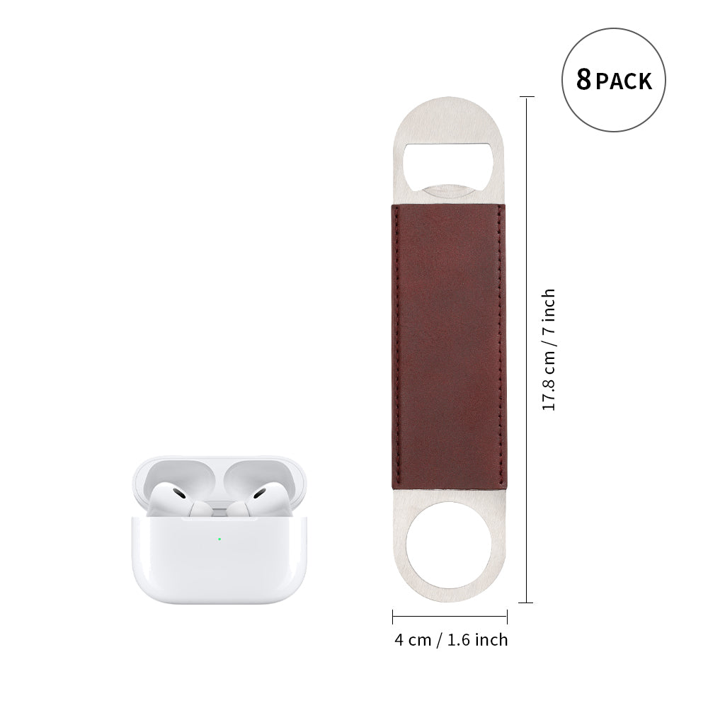 Craft Blanks Stainless Steel Bottle Opener with Leather Cover for Custom Laser Engraving, 1.6 x 7 inches Rec, 5 color options, 8 Pack