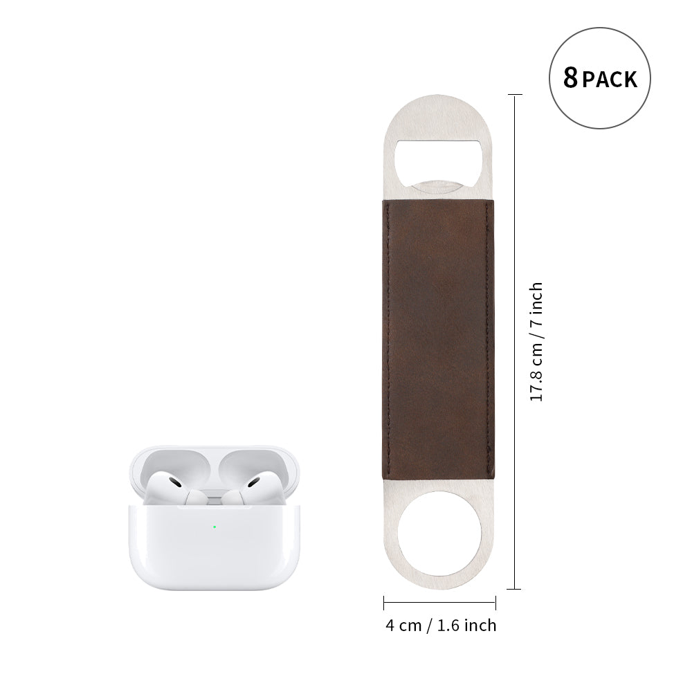 Craft Blanks Stainless Steel Bottle Opener with Leather Cover for Custom Laser Engraving, 1.6 x 7 inches Rec, 5 color options, 8 Pack