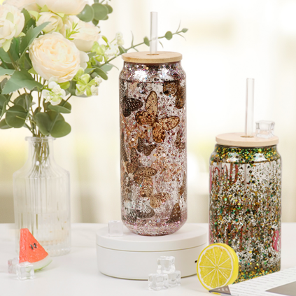 Sublimation Glass Can Double Wall With Bamboo Lid And Glass Straw 15 oz 6 Pack