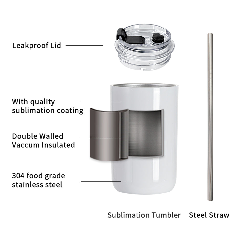 Wholesale 12 OZ Sublimation Kids Tumblers Blanks White Cups Stainless Steel Coffee to Go Travel Tumblers with Lid and Metal Straw 8 Pack & 24 Pack & 48 Pack