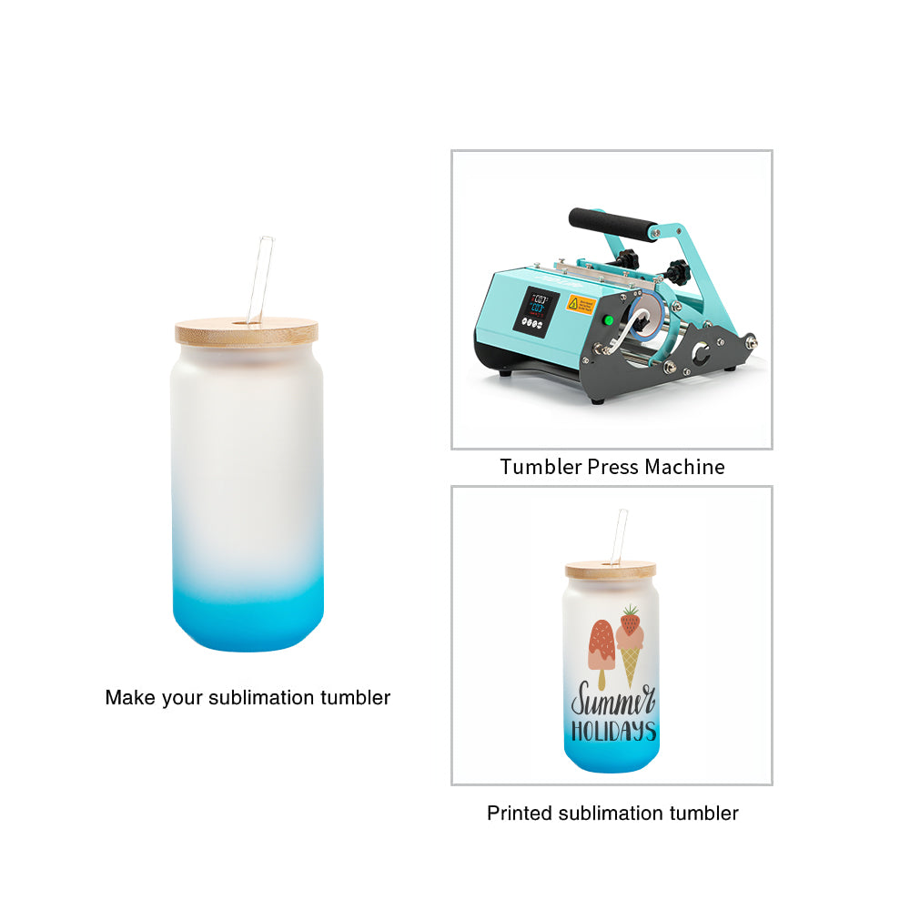 Sublimation Glass Beer Can Frosted Gradient Color with Bamboo Lid and Glass Straw 18 OZ 6 Pack