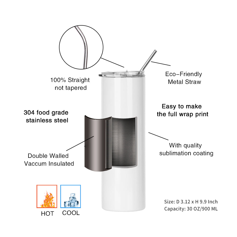  PYD Life Skinny 20 OZ Straight Stainless Steel White Tumbler  with Metal Straw for Heat Press Machine Printing 4 Pack : Arts, Crafts &  Sewing