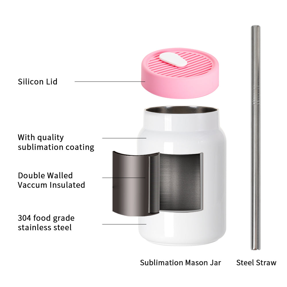 Sublimation Mason Jar Tumbler White with Handle, Silicon Lid Mix Color, and  Metal Straw 16 OZ 4 Pack