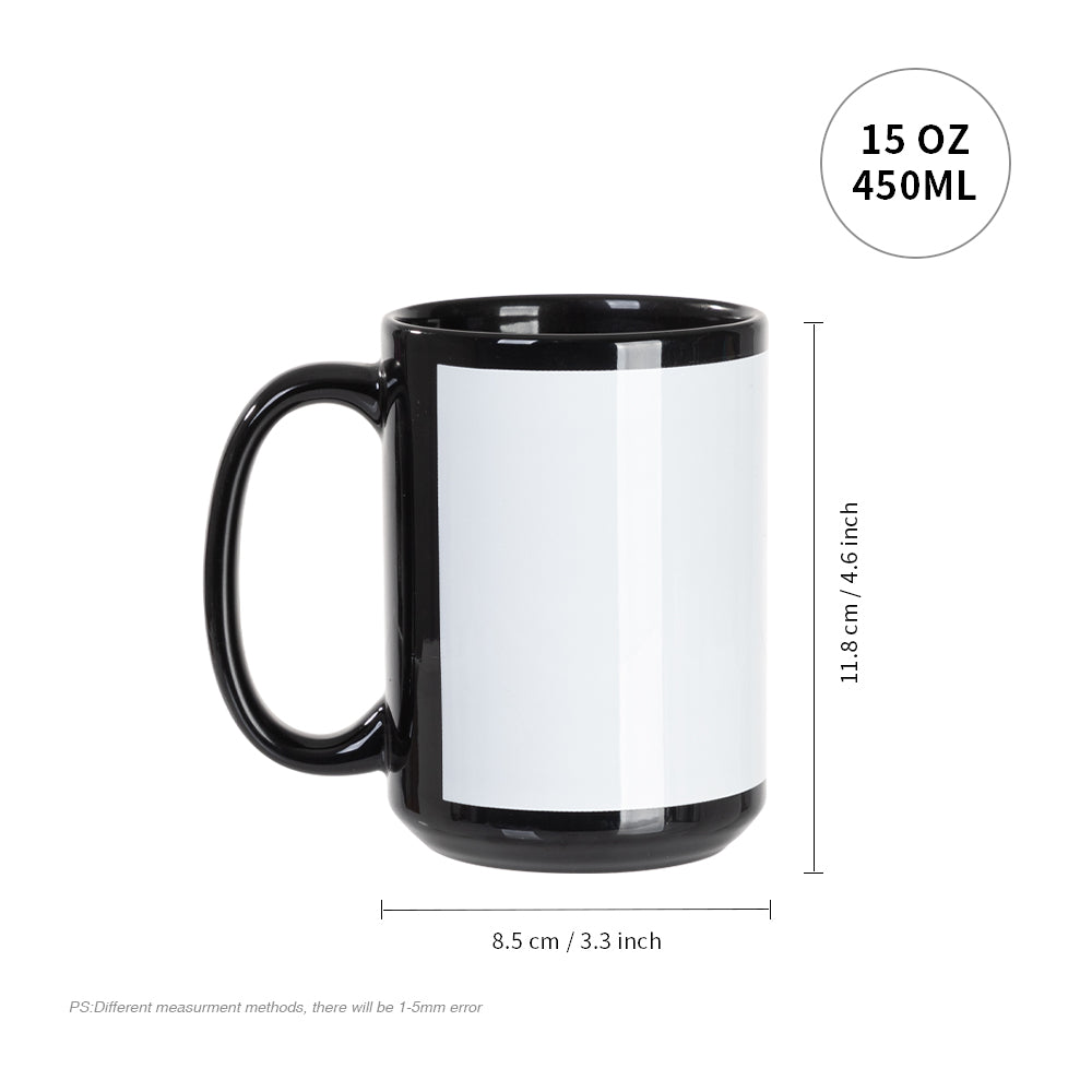 15oz Sublimation Black Mug with White Patch - Case of 36 Dye Sublimation  Mug Blanks