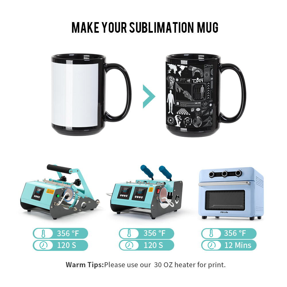 15oz Sublimation Black Mug with White Patch - Case of 36 Dye Sublimation  Mug Blanks