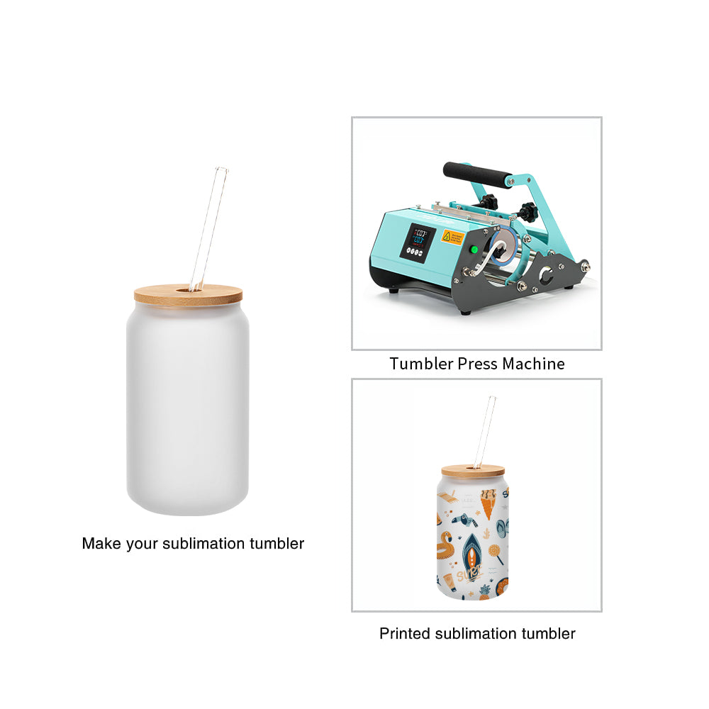 Sublimation Glass Beer Can Frosted White with Bamboo Lid and Glass Straw 13 oz 24 Pack
