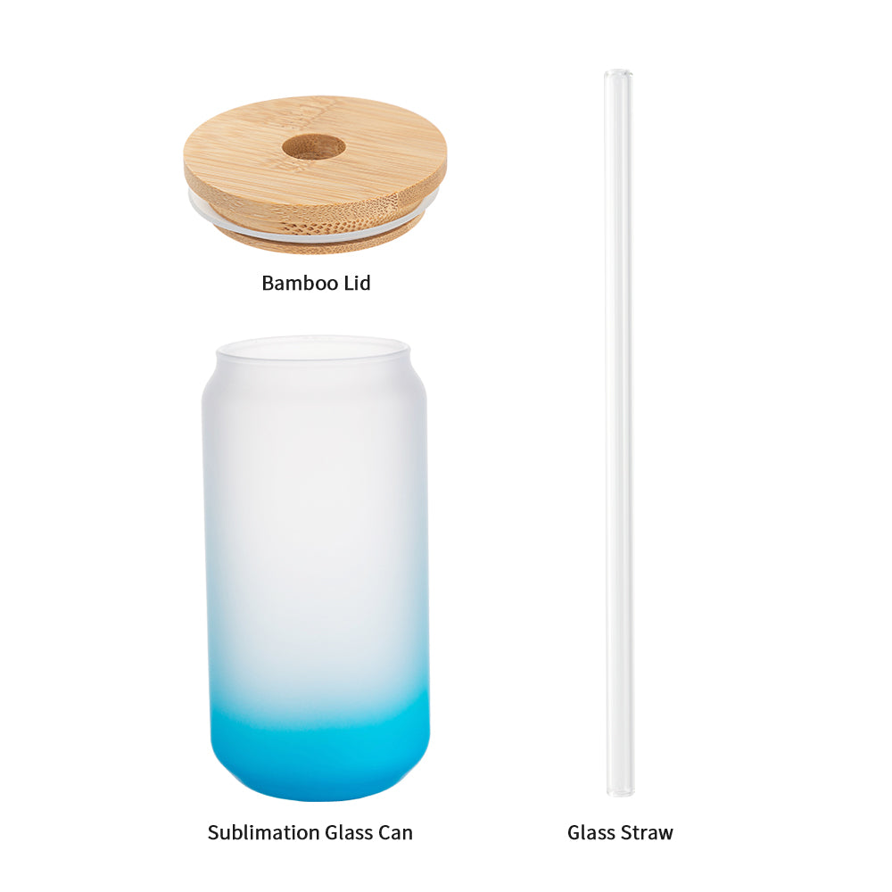Sublimation Glass Beer Can Frosted Gradient Color with Bamboo Lid and Glass Straw 18 OZ 6 Pack