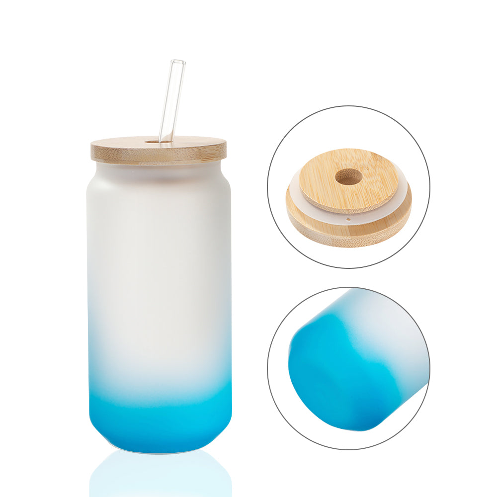 Sublimation Glass Beer Can Frosted Gradient Color with Bamboo Lid and Glass Straw 18 OZ 6 Pack