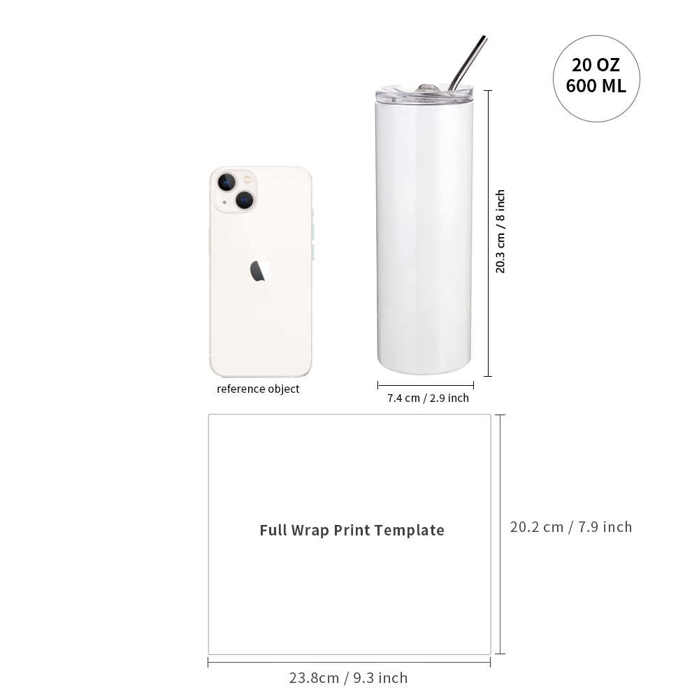 Sublimation Skinny Straight Tumbler White with Metal Straw and Slide Lid 20 oz 24 Pack