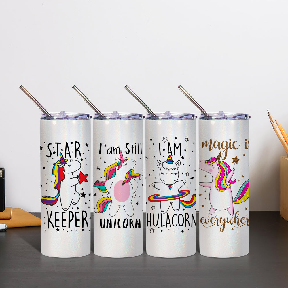 PYD Life Sublimation Glitter Tumbler Rainbow White Blank Straight 20 OZ  Skinny Tumbler Cups with Metal Straw,Stainless Steel Coffee Tumbler