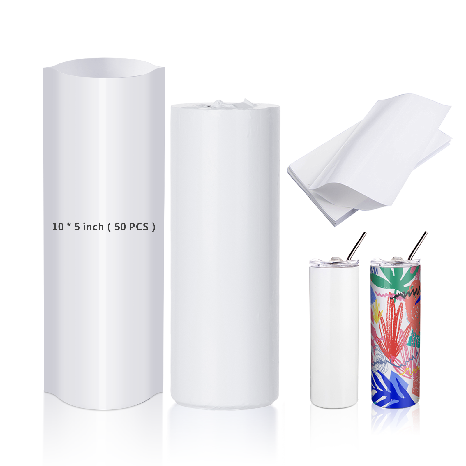 Morepack Sublimation Shrink Wrap Sleeves,5x10 inch White Sublimation Heat Transfer Shrink Film Bags for Mugs,Cups,Tumblers,Blanks,Shrink Wrap Bands