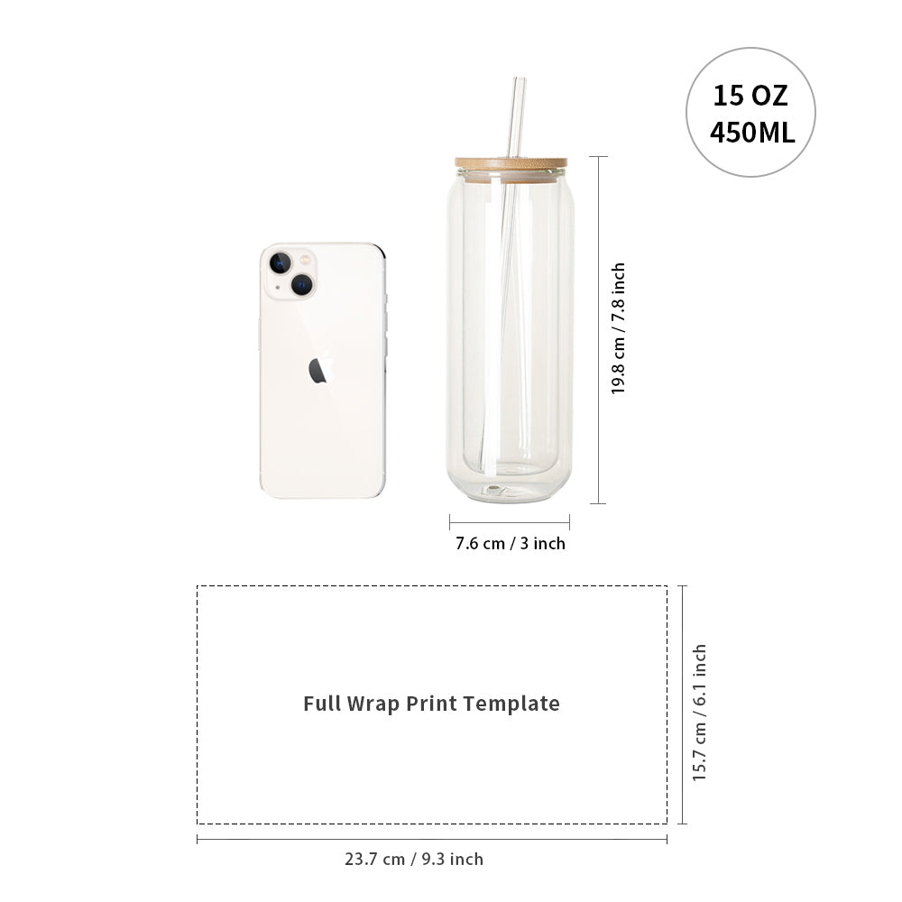Sublimation Glass Can Double Wall With Bamboo Lid And Glass Straw 15 oz 6 Pack