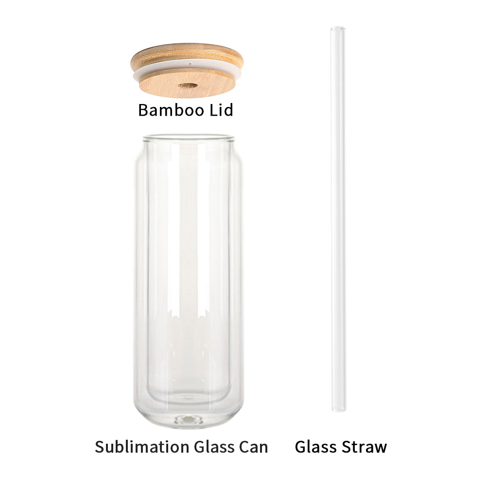Sublimation Glass Can Double Wall With Bamboo Lid And Glass Straw 15 oz 6 Pack
